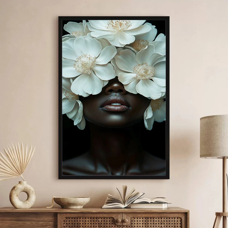 Tablou abstract cu ramă - Flori în Alb și Negru, tablou abstract pentru cafenele și lounge-uri premium