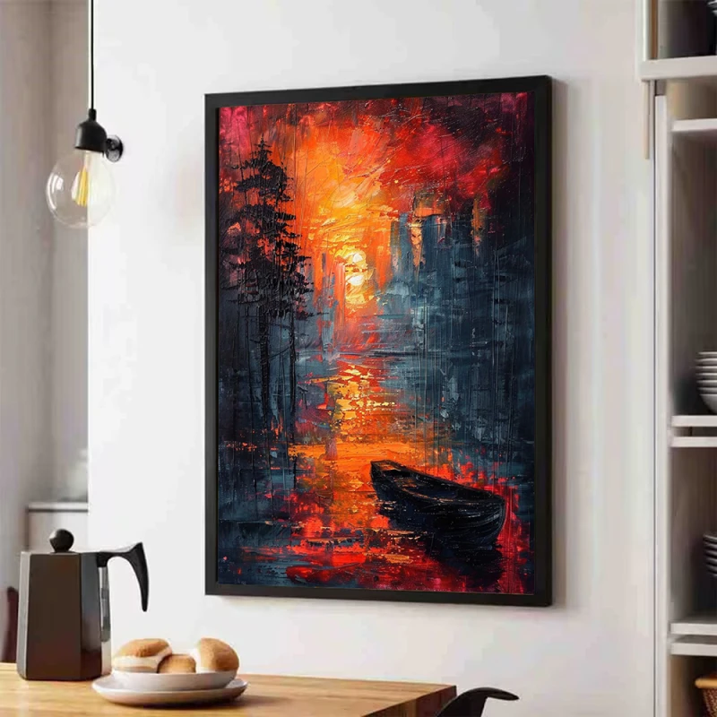 Tablou abstract cu ramă - Apus Incandescent, tablou abstract modern pentru spații contemporane elegante Tablou abstract cu ramă - Apus Incandescent, tablou abstract modern pentru spații contemporane elegante