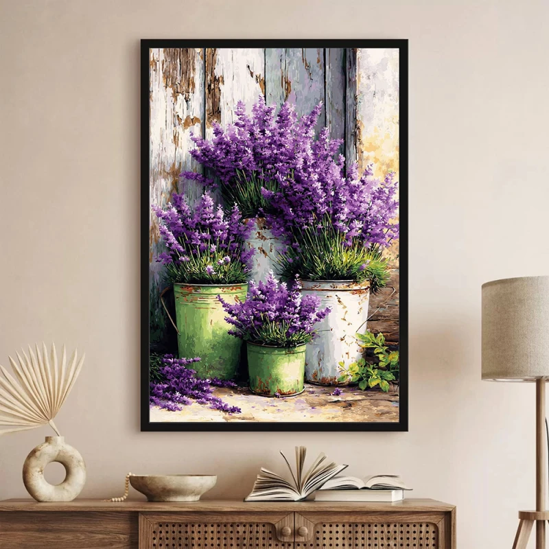 Tablou flori cu ramă - Lavandă in ghivece, tablou cu flori modern, perfect pentru living, birou, hol