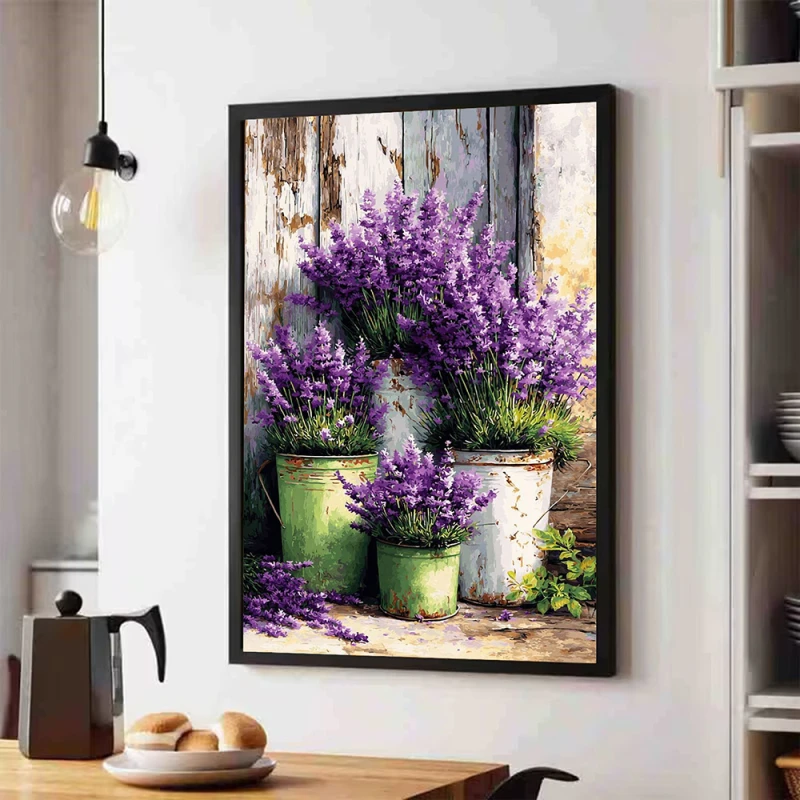 Tablou flori cu ramă - Lavandă in ghivece, tablou cu flori modern, perfect pentru living, birou, hol