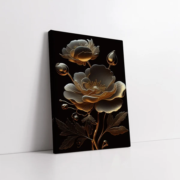 Tablou Canvas cu Flori - Flori de marmura, Reflexii Aurii Tablou Canvas cu Flori - Flori de marmura, Reflexii Aurii