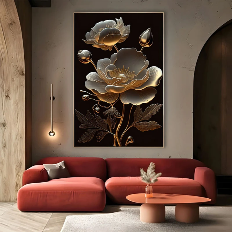 Tablou Canvas cu Flori - Flori de marmura, Reflexii Aurii Tablou Canvas cu Flori - Flori de marmura, Reflexii Aurii