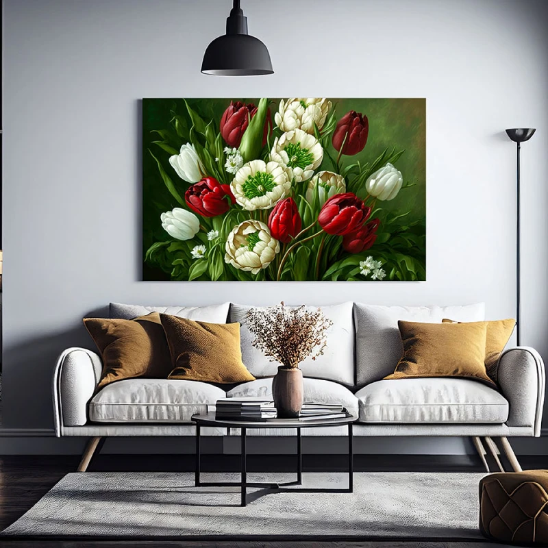 Buchet de Lalele Rosii si Albe - Tablou floral
