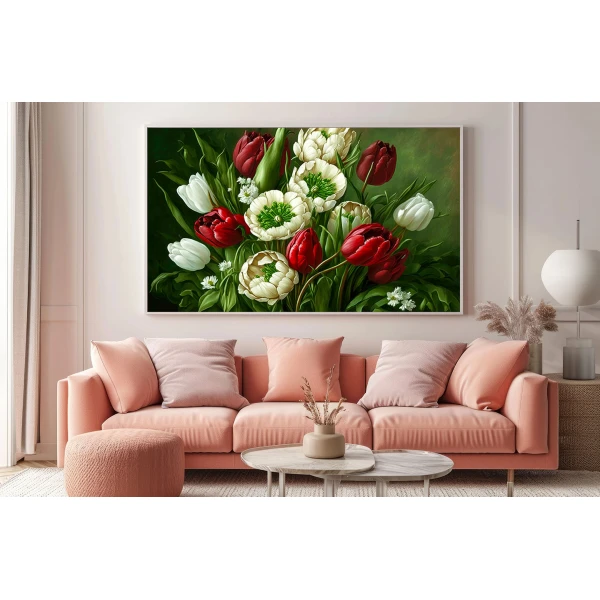 Buchet de Lalele Rosii si Albe - Tablou floral Buchet de Lalele Rosii si Albe - Tablou floral