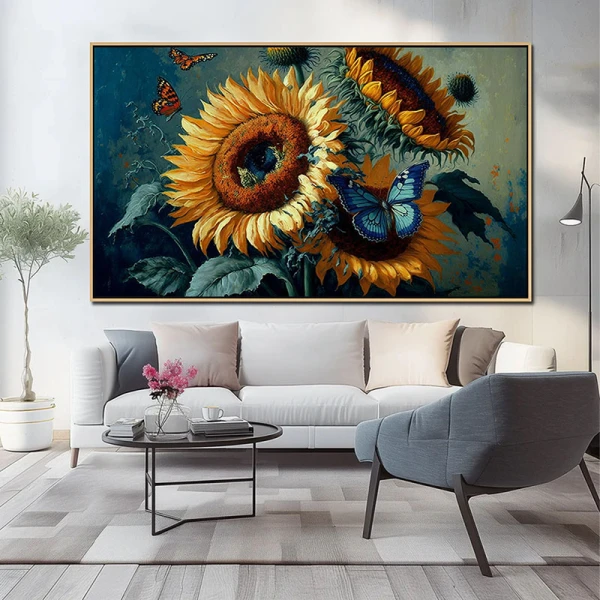 Tablou cu floarea soarelui - Zbor Printre Petale, canvas floral pentru living contemporan și aerisit