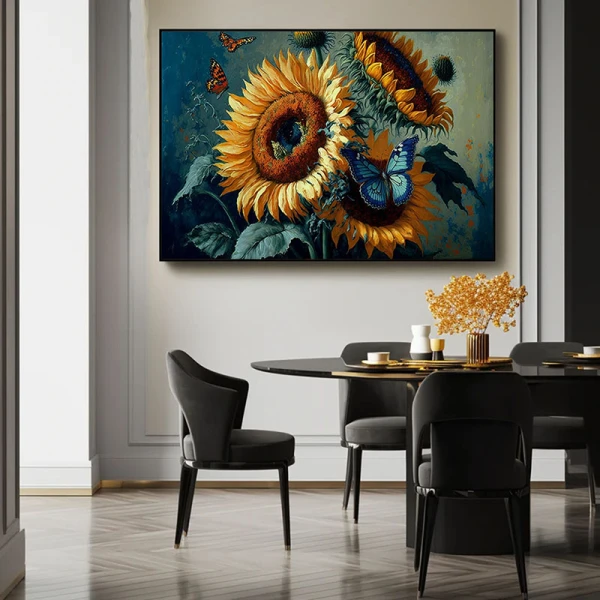 Tablou cu floarea soarelui - Zbor Printre Petale, canvas floral pentru living contemporan și aerisit Tablou cu floarea soarelui - Zbor Printre Petale, canvas floral pentru living contemporan și aerisit