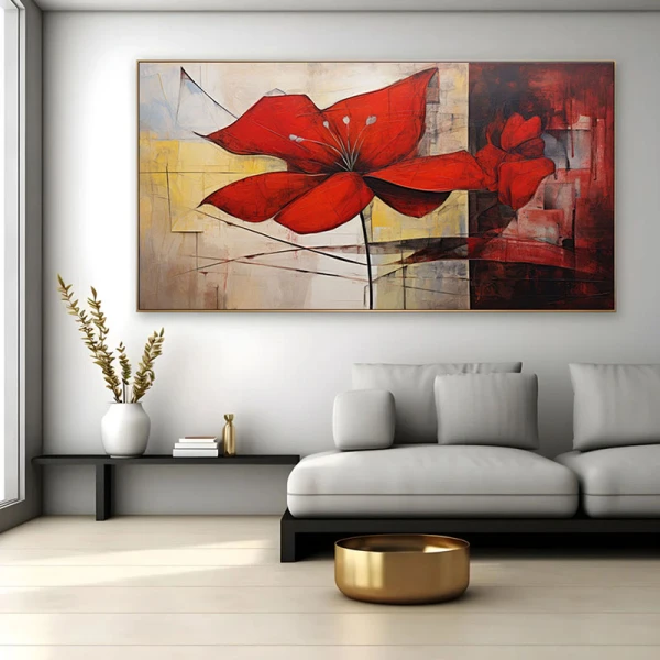 Tablou Canvas cu Flori - Petale Roșii, Contrast Dramatic Tablou Canvas cu Flori - Petale Roșii, Contrast Dramatic