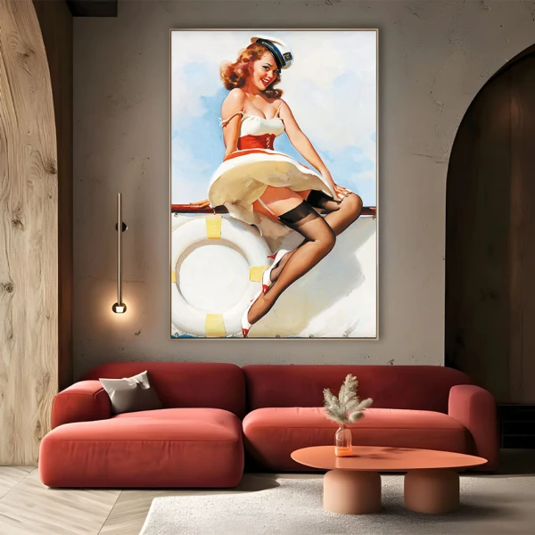 Tablou Afiș Retro - Zâmbet la Bord, tablou canvas afiș retro pentru living sau bar Tablou Afiș Retro - Zâmbet la Bord, tablou canvas afiș retro pentru living sau bar